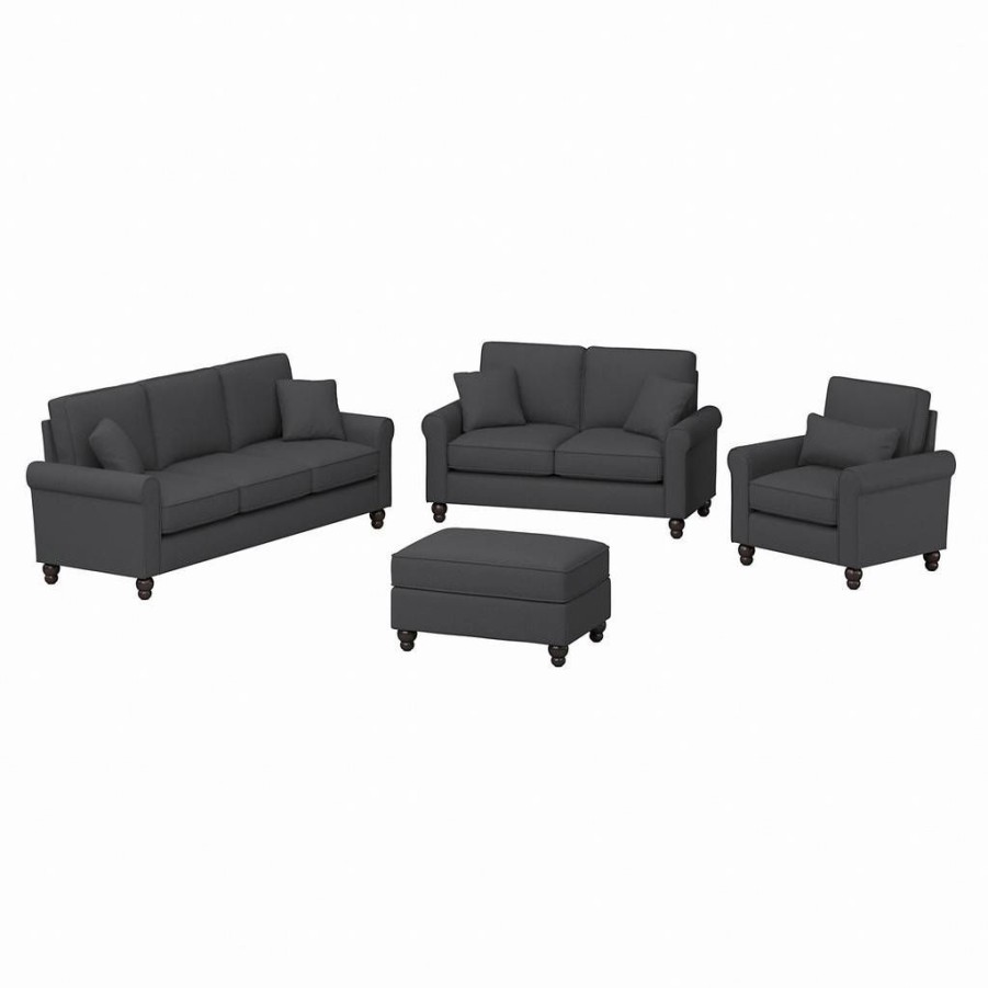 Living & Family Room Furniture * | Best Sale Bush Furniture Hudson 85W Sofa With Loveseat, Accent Chair, And Ottoman In Charcoal Gray Herringbone Bush Furniture Hdn020Cgh