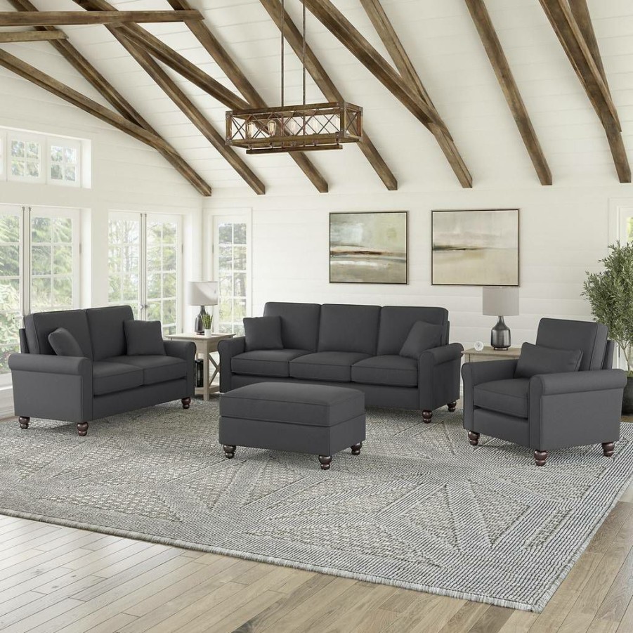 Living & Family Room Furniture * | Best Sale Bush Furniture Hudson 85W Sofa With Loveseat, Accent Chair, And Ottoman In Charcoal Gray Herringbone Bush Furniture Hdn020Cgh