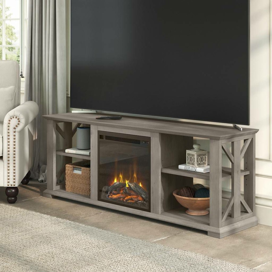 Living & Family Room Furniture * | With Discount Bush Furniture Homestead Farmhouse Tv Stand For 70 Inch Tv With Fireplace Insert In Driftwood Gray Bush Furniture Hot003Dg