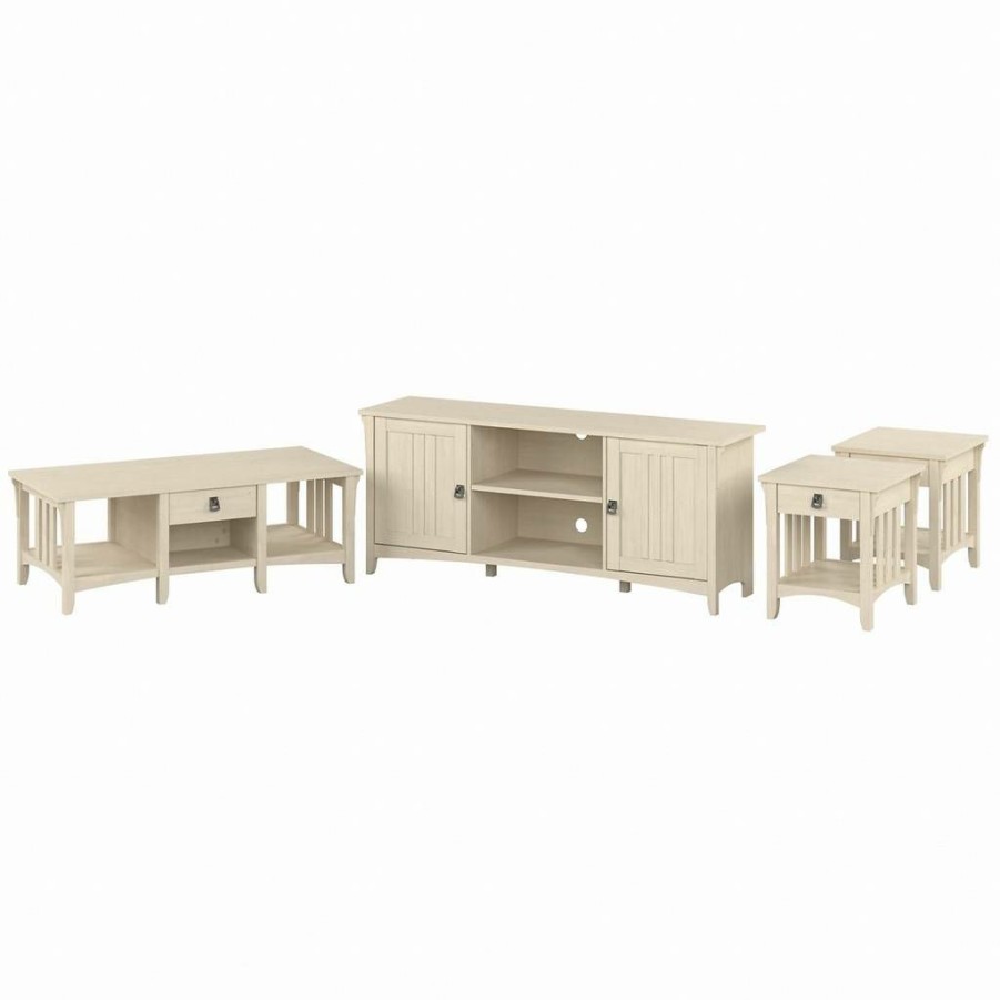 Living & Family Room Furniture * | Clearance Sale Bush Furniture Salinas Tv Stand For 70 Inch Tv With Coffee Table And End Tables In Antique White Bush Furniture Sal062Aw