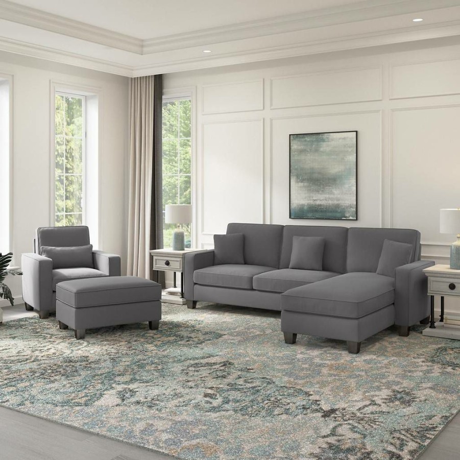 Living & Family Room Furniture * | Clearance Sale Stockton 102W Sectional Couch W/ Reversible Chaise Lounge, Accent Chair & Ottoman In Light French Gray Herringbone Bush Furniture Skt021Fgh