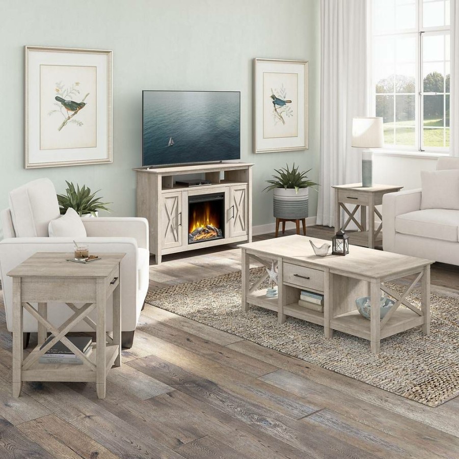 Living & Family Room Furniture * | Limit Offer Bush Furniture Key West Tall Electric Fireplace Tv Stand With Coffee Table And End Tables In Washed Gray Bush Furniture Kws072Wg