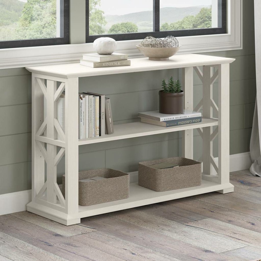 Living & Family Room Furniture * | Promotions Bush Furniture Homestead Console Table With Shelves In Linen White Oak Bush Furniture Hot248Lw-03