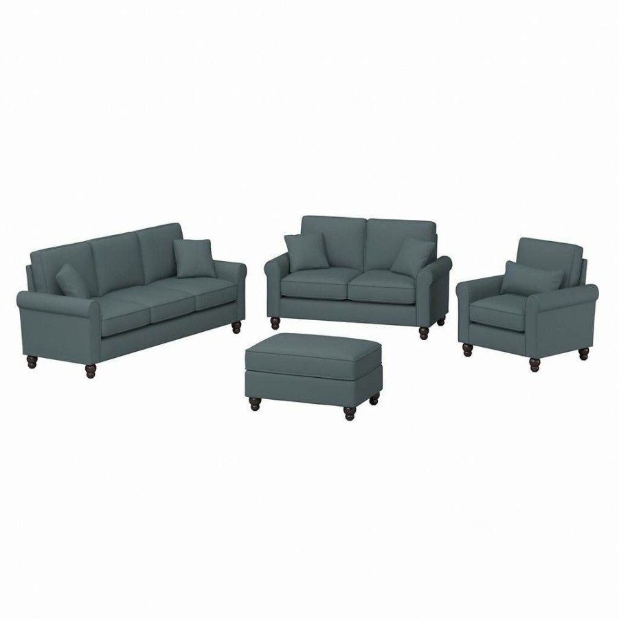 Living & Family Room Furniture * | Limit Offer Bush Furniture Hudson 85W Sofa With Loveseat, Accent Chair, And Ottoman In Turkish Blue Herringbone Bush Furniture Hdn020Tbh