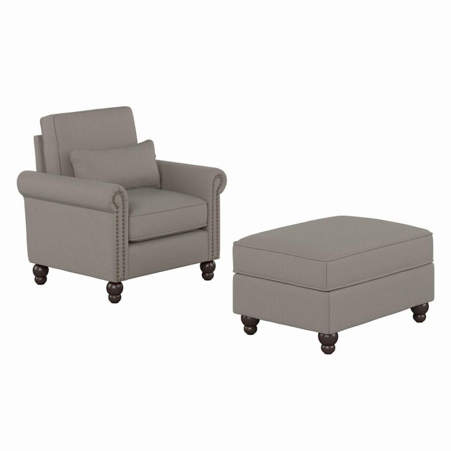 Living & Family Room Furniture * | Excellent Quality Bush Furniture Coventry Accent Chair With Ottoman Set In Beige Herringbone Bush Furniture Cvn010Bgh