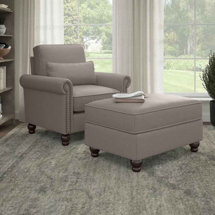 Living & Family Room Furniture * | Excellent Quality Bush Furniture Coventry Accent Chair With Ottoman Set In Beige Herringbone Bush Furniture Cvn010Bgh