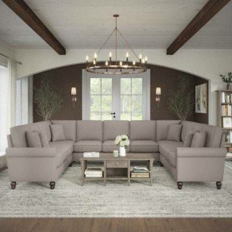 Living & Family Room Furniture * | Hot Sale Bush Furniture Coventry 137W U Shaped Sectional Couch In Beige Herringbone Bush Furniture Cvy135Bbgh-03K