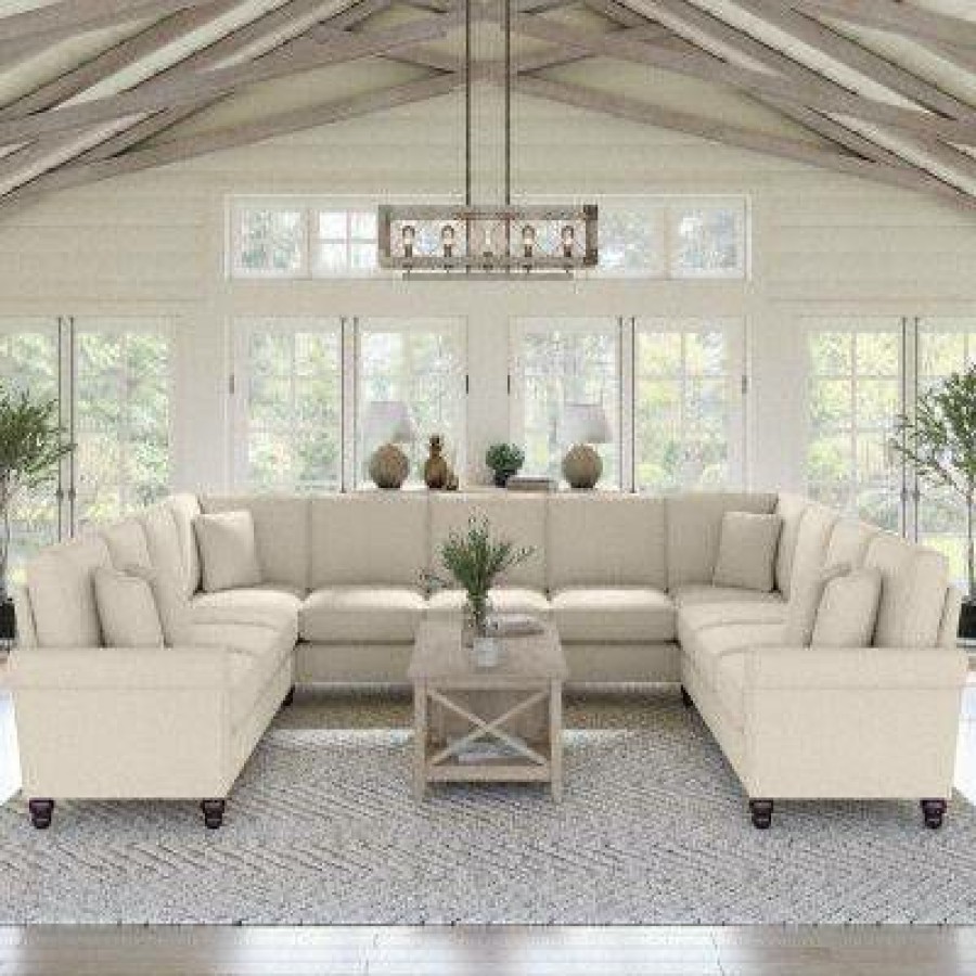 Living & Family Room Furniture * | Promotions Bush Furniture Hudson 137W U Shaped Sectional Couch In Cream Herringbone Bush Furniture Hdy135Bcrh-03K