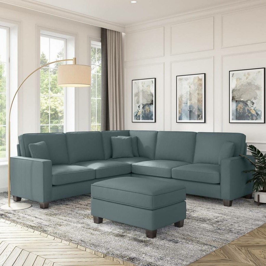 Living & Family Room Furniture * | Special Offers Stockton 99W L Shaped Sectional Couch W/ Ottoman In Turkish Blue Herringbone Bush Furniture Skt003Tbh