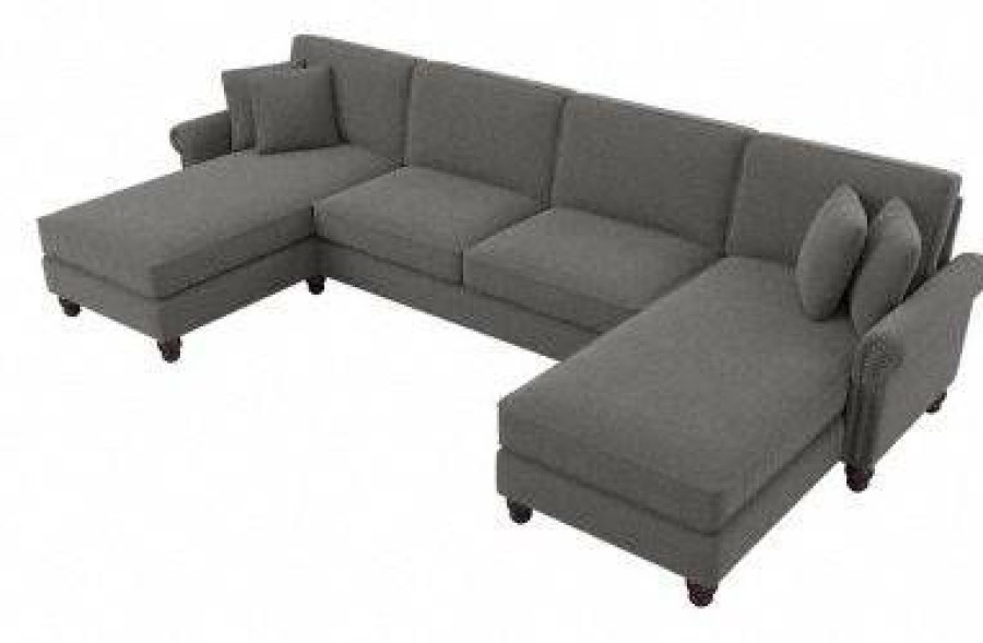 Living & Family Room Furniture * | With Discount Bush Furniture Coventry 131W Sectional Couch With Double Chaise Lounge In French Gray Herringbone Bush Furniture Cvy130Bfgh-03K