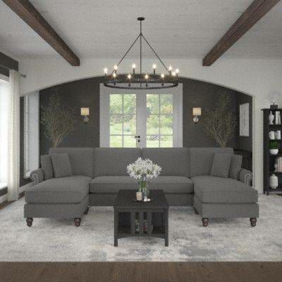 Living & Family Room Furniture * | With Discount Bush Furniture Coventry 131W Sectional Couch With Double Chaise Lounge In French Gray Herringbone Bush Furniture Cvy130Bfgh-03K