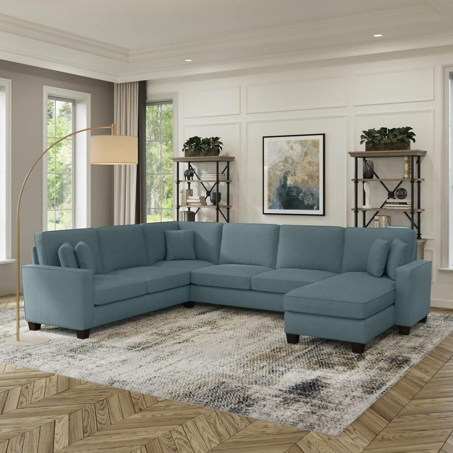 Living & Family Room Furniture * | Online Bush Furniture Stockton 127W U Shaped Sectional Couch With Reversible Chaise Lounge In Turkish Blue Herringbone Sny127Stbh-03K