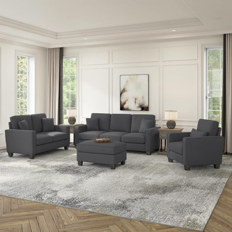 Living & Family Room Furniture * | Quick Expedition Stockton 85W Sofa W/ Loveseat, Accent Chair & Ottoman In Charcoal Gray Herringbone Bush Furniture Skt020Cgh