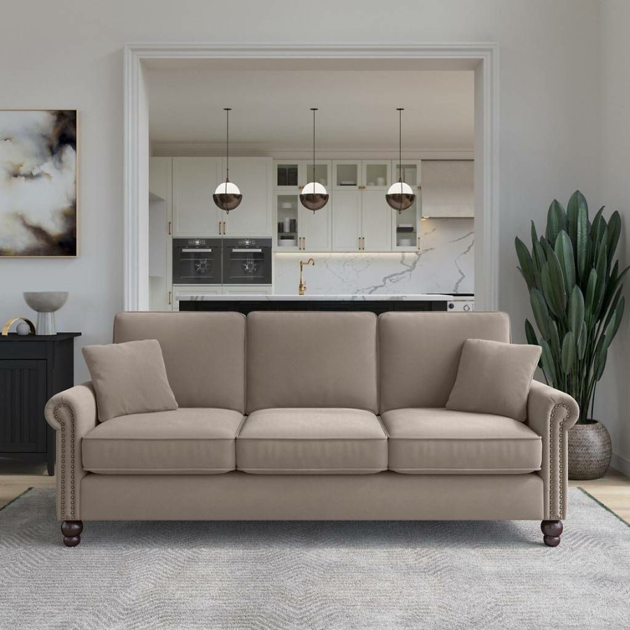 Living & Family Room Furniture * | Large Choice Bush Furniture Coventry 85W Sofa In Tan Microsuede Bush Furniture Cvj85Btnm-03K