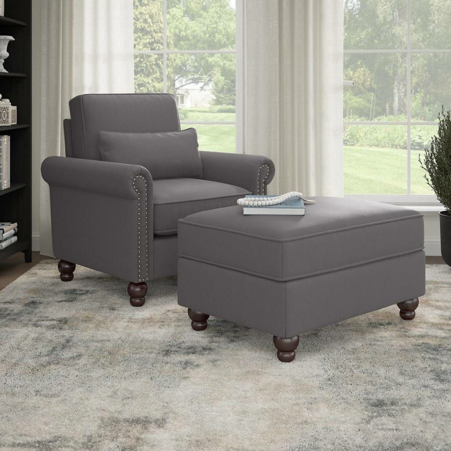 Living & Family Room Furniture * | Wholesale Bush Furniture Coventry Accent Chair With Ottoman Set In French Gray Herringbone Bush Furniture Cvn010Fgh