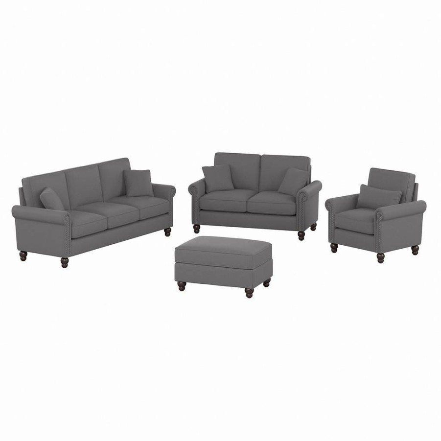 Living & Family Room Furniture * | Featured Bush Furniture Coventry 85W Sofa With Loveseat, Accent Chair, And Ottoman In Light French Gray Herringbone Bush Furniture Cvn020Fgh