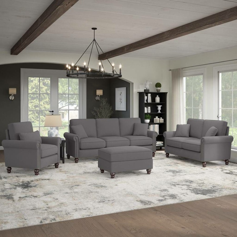 Living & Family Room Furniture * | Featured Bush Furniture Coventry 85W Sofa With Loveseat, Accent Chair, And Ottoman In Light French Gray Herringbone Bush Furniture Cvn020Fgh