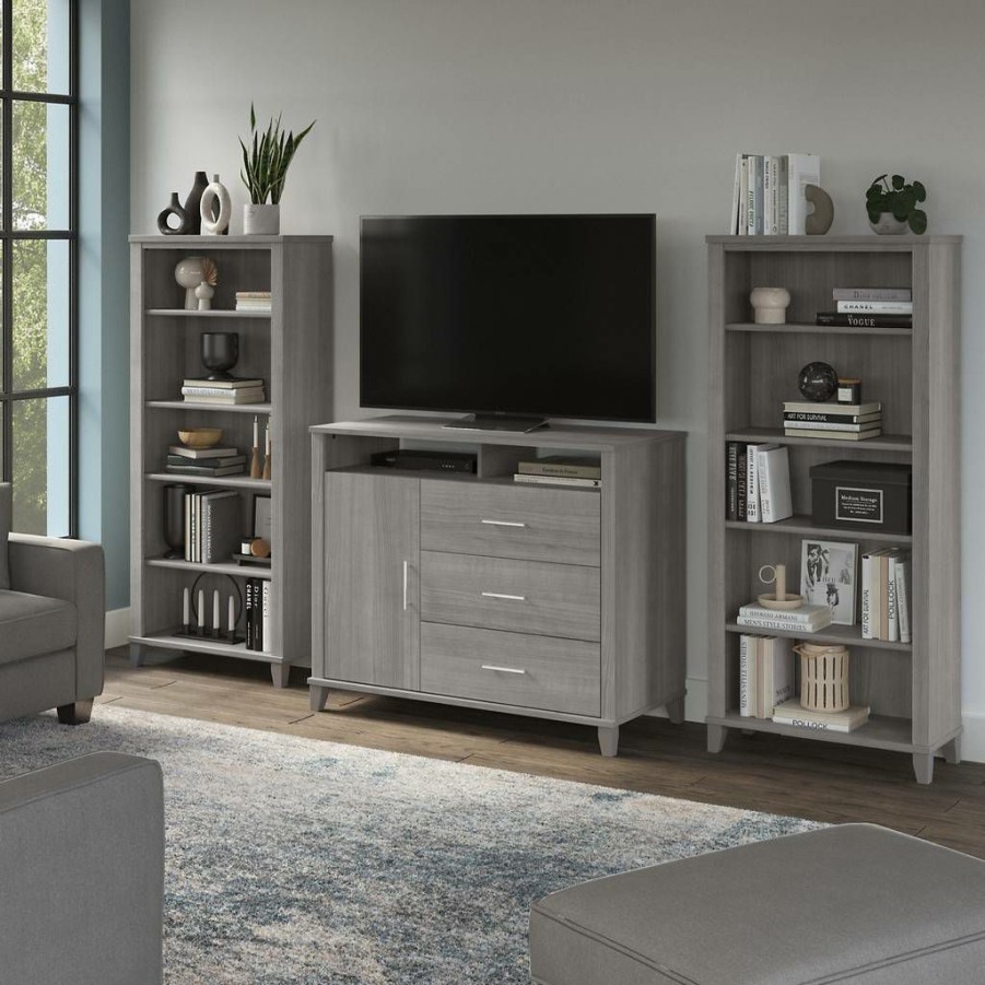 Living & Family Room Furniture * | Wholesale Bush Furniture Somerset Entertainment Center In Platinum Gray Bush Furniture Set039Pg