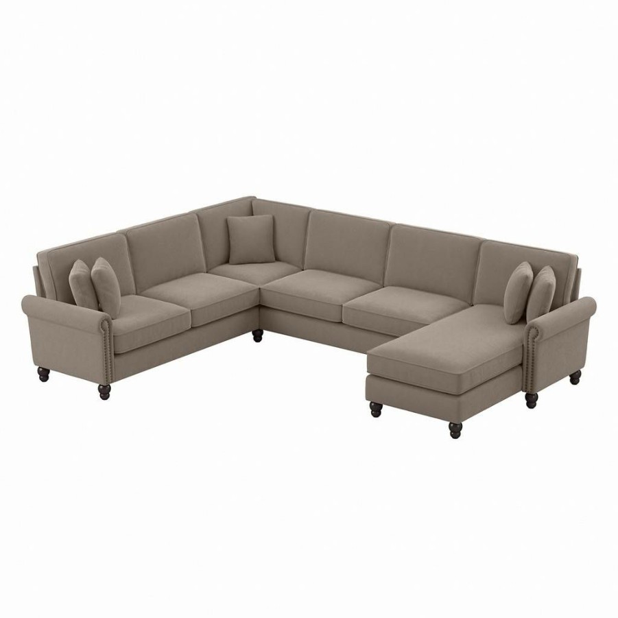 Living & Family Room Furniture * | Shoping Bush Furniture Coventry 128W U Shaped Sectional Couch With Reversible Chaise Lounge In Tan Microsuede Bush Furniture Cvy127Btnm-03K