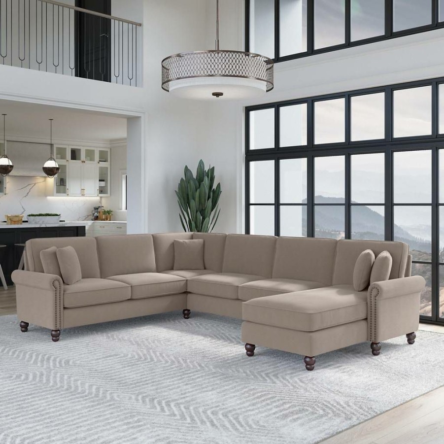 Living & Family Room Furniture * | Shoping Bush Furniture Coventry 128W U Shaped Sectional Couch With Reversible Chaise Lounge In Tan Microsuede Bush Furniture Cvy127Btnm-03K