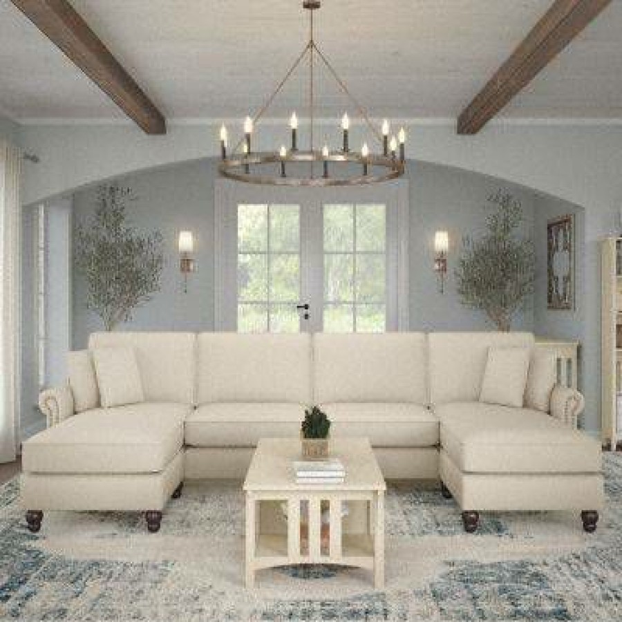 Living & Family Room Furniture * | Classical Bush Furniture Coventry 131W Sectional Couch With Double Chaise Lounge In Cream Herringbone Bush Furniture Cvy130Bcrh-03K