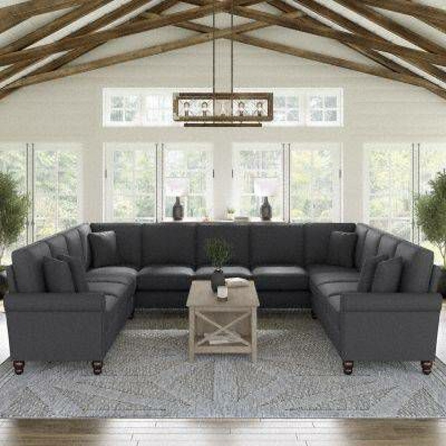 Living & Family Room Furniture * | Quick Delivery Bush Furniture Hudson 137W U Shaped Sectional Couch In Charcoal Gray Herringbone Bush Furniture Hdy135Bcgh-03K