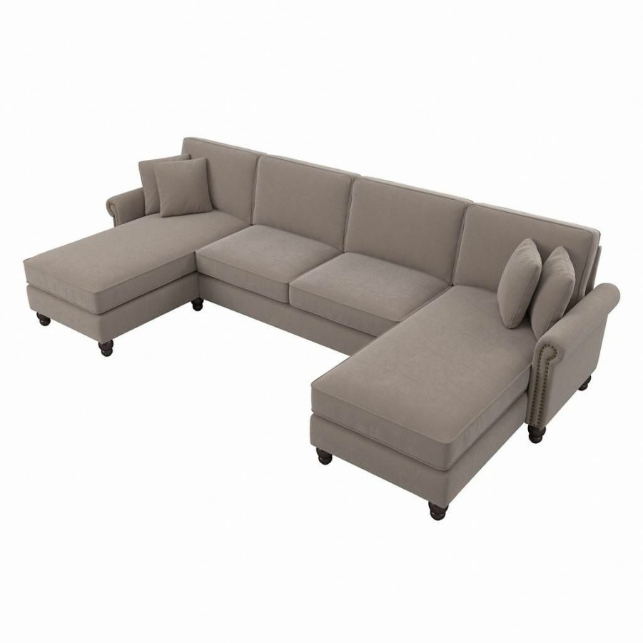 Living & Family Room Furniture * | Wholesale Bush Furniture Coventry 131W Sectional Couch With Double Chaise Lounge In Tan Microsuede Bush Furniture Cvy130Btnm-03K