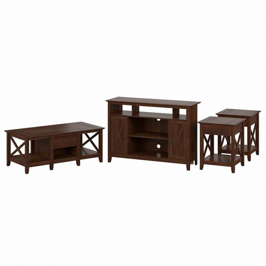 Living & Family Room Furniture * | Promotions Bush Furniture Key West Tall Tv Stand For 55 Inch Tv With Coffee Table And End Tables In Bing Cherry Bush Furniture Kws071Bc