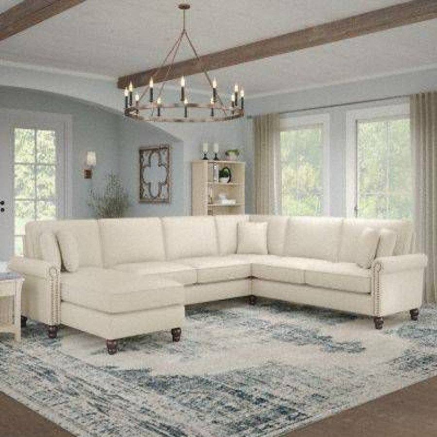 Living & Family Room Furniture * | Classical Bush Furniture Coventry 128W U Shaped Sectional Couch With Reversible Chaise Lounge In Cream Herringbone Bush Furniture Cvy127Bcrh-03K