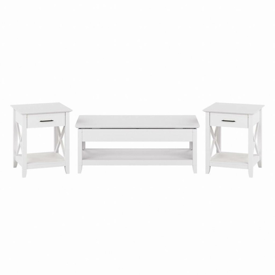 Living & Family Room Furniture * | Excellent Quality Bush Furniture Key West Lift Top Coffee Table Desk With End Tables In Pure White Oak Bush Furniture Kws076Wt