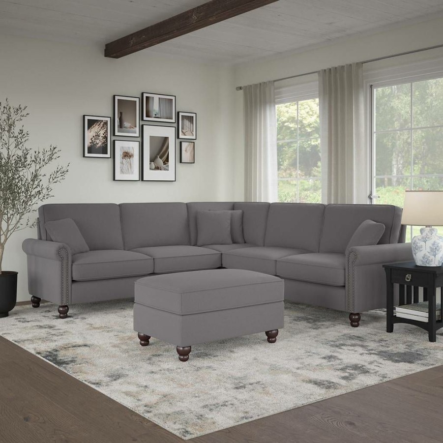 Living & Family Room Furniture * | Promotions Bush Furniture Coventry 99W L Shaped Sectional Couch With Ottoman In French Gray Herringbone Bush Furniture Cvn003Fgh