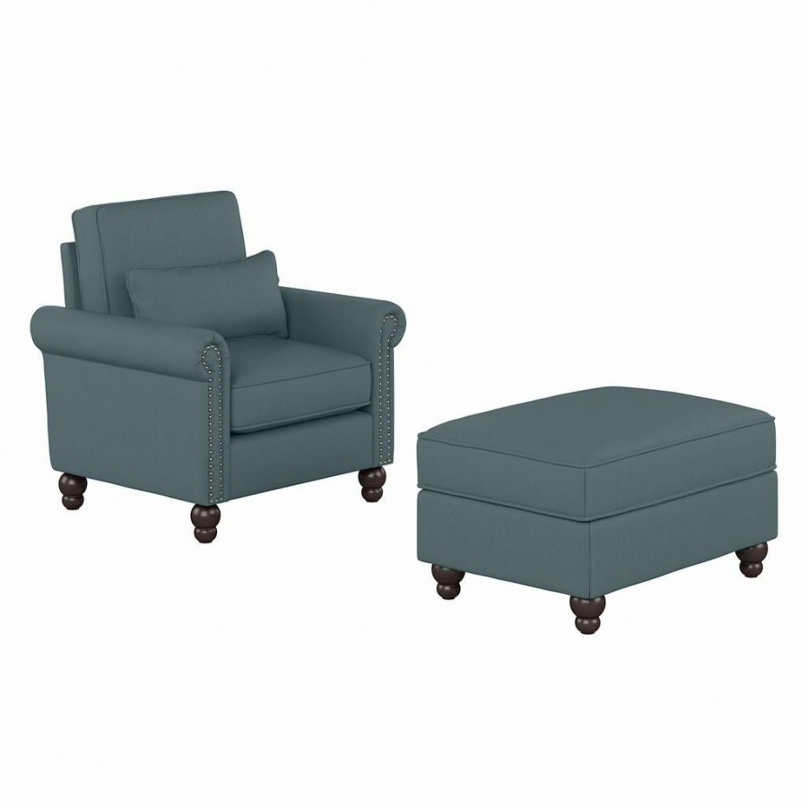 Living & Family Room Furniture * | Hot Sale Bush Furniture Coventry Accent Chair With Ottoman Set In Turkish Blue Herringbone Bush Furniture Cvn010Tbh