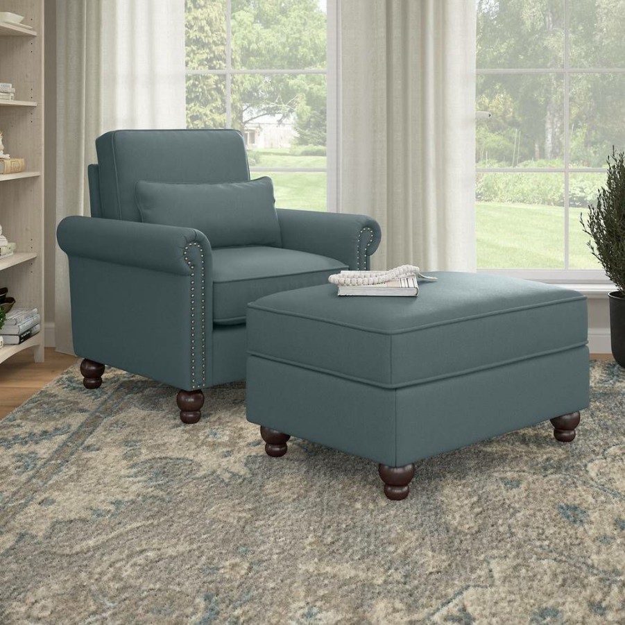 Living & Family Room Furniture * | Hot Sale Bush Furniture Coventry Accent Chair With Ottoman Set In Turkish Blue Herringbone Bush Furniture Cvn010Tbh