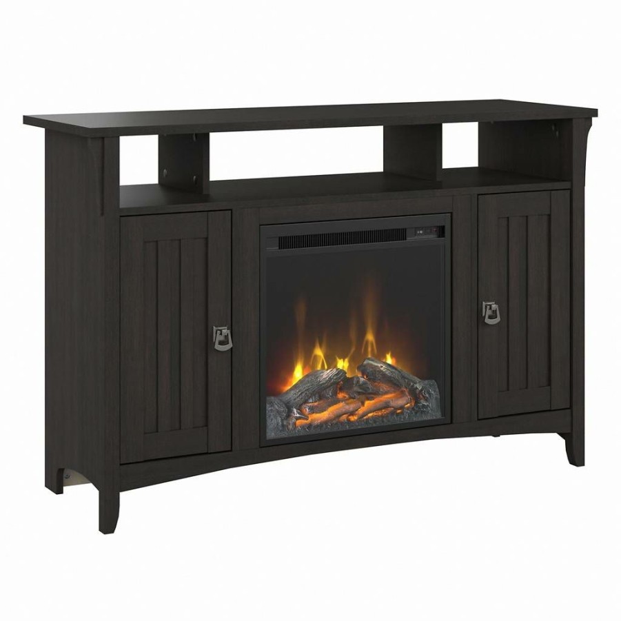 Living & Family Room Furniture * | Hot Selling Bush Furniture Salinas Tall Electric Fireplace Tv Stand For 55 Inch Tv In Vintage Black Bush Furniture Sal057Vb