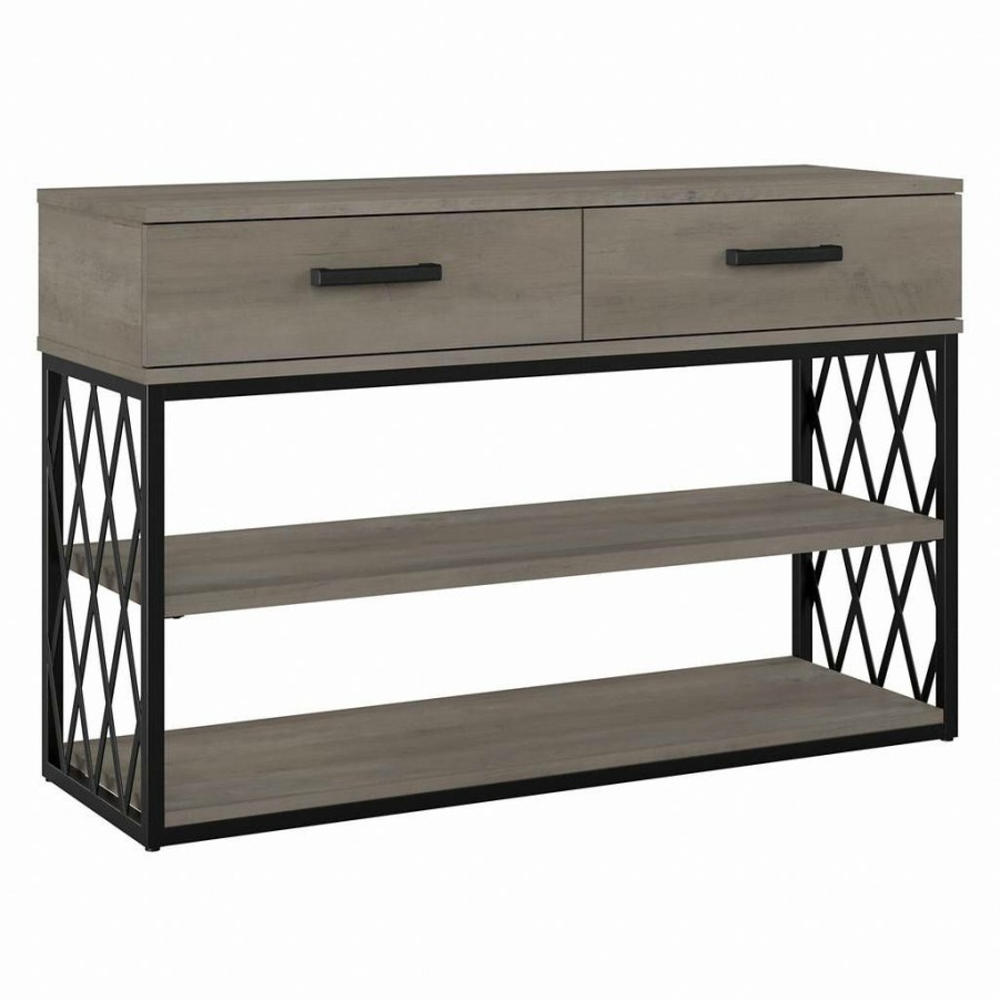 Living & Family Room Furniture * | Limit Offer Kathy Ireland Home By Bush Furniture City Park Industrial Console Table With Drawers And Shelves In Driftwood Gray Bush Furniture Cpt148Dg-03