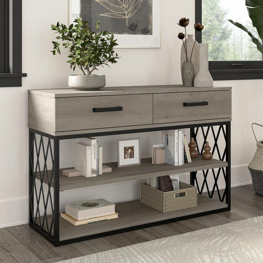 Living & Family Room Furniture * | Limit Offer Kathy Ireland Home By Bush Furniture City Park Industrial Console Table With Drawers And Shelves In Driftwood Gray Bush Furniture Cpt148Dg-03