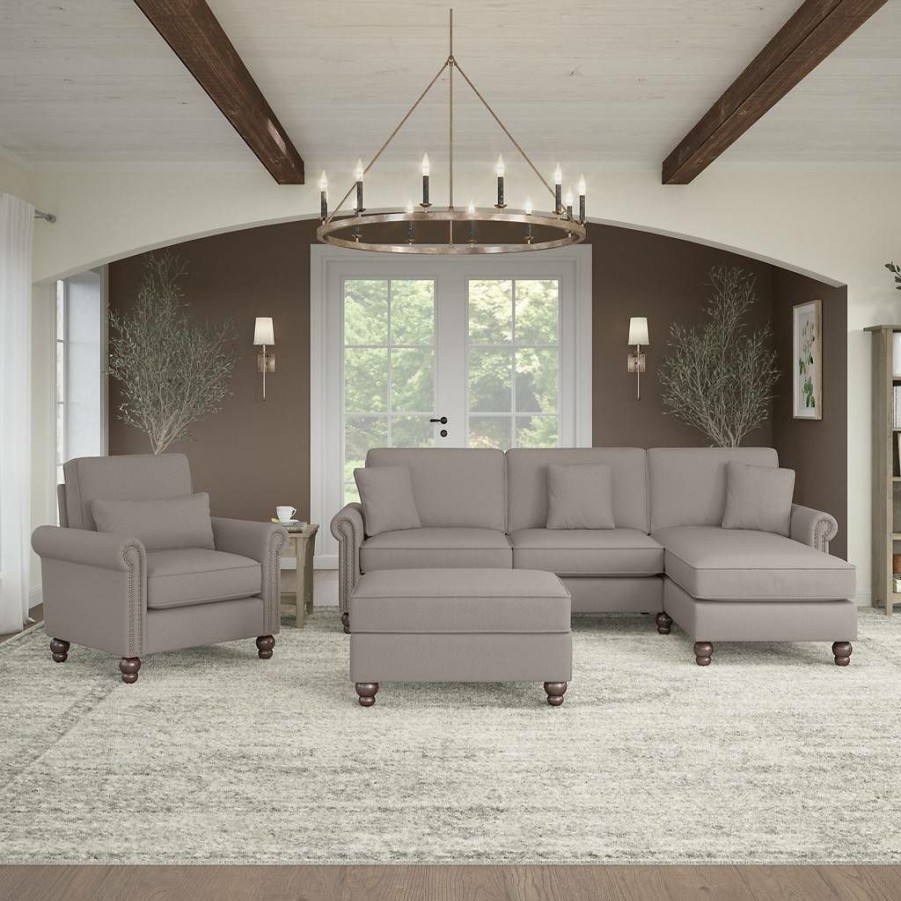 Living & Family Room Furniture * | Wholesale Bush Furniture Coventry 102W Sectional Couch With Reversible Chaise Lounge, Accent Chair, And Ottoman In Beige Herringbone Bush Furniture Cvn021Bgh