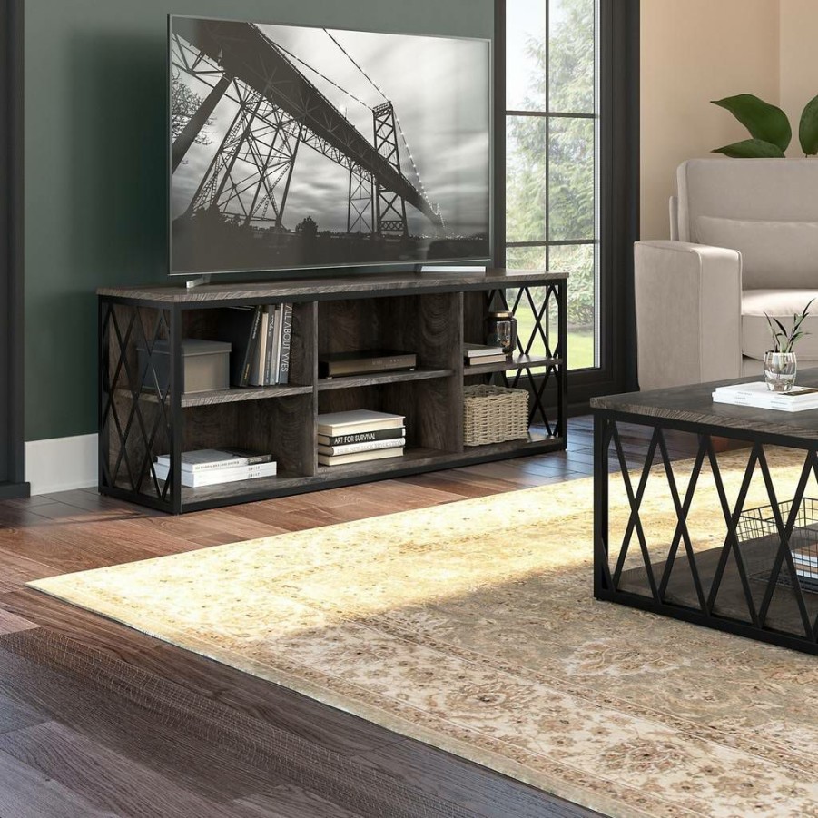 Living & Family Room Furniture * | Shoping Kathy Ireland Home By Bush Furniture City Park 60W Industrial Tv Stand For 70 Inch Tv In Dark Gray Hickory Bush Furniture Cpv160Gh-03