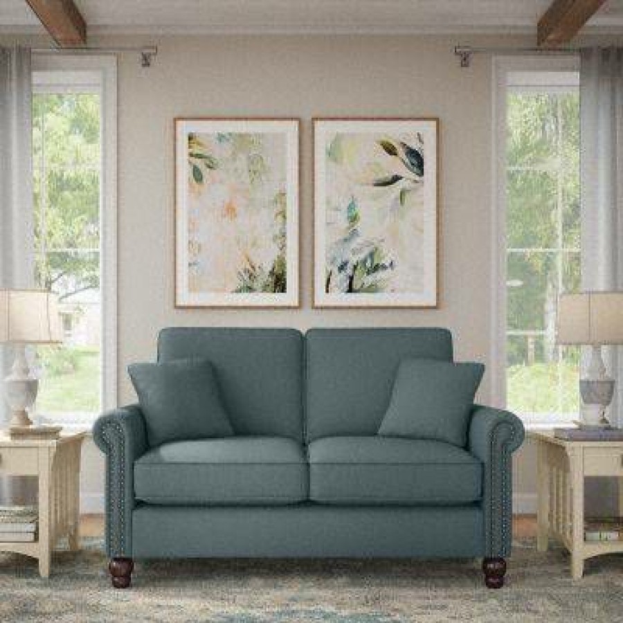 Living & Family Room Furniture * | Exclusive Design Bush Furniture Coventry 61W Loveseat In Turkish Blue Herringbone Bush Furniture Cvj61Btbh-03K