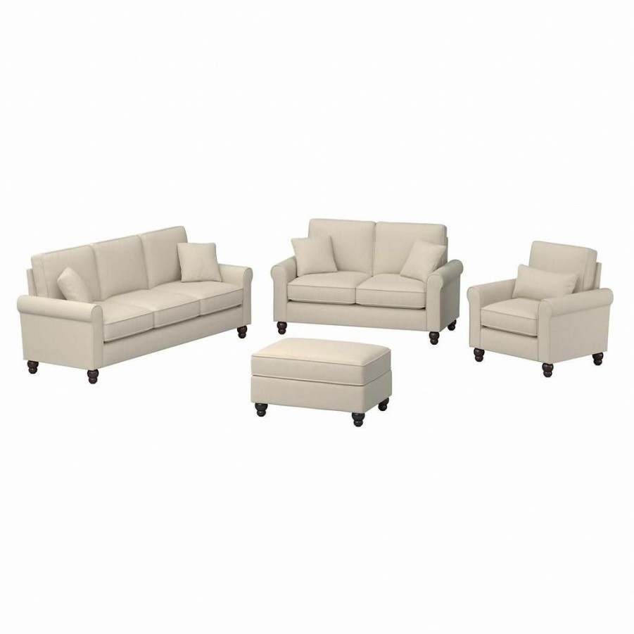 Living & Family Room Furniture * | Quick Expedition Bush Furniture Hudson 85W Sofa With Loveseat, Accent Chair, And Ottoman In Cream Herringbone Bush Furniture Hdn020Crh