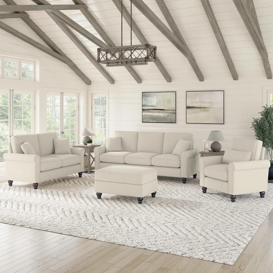 Living & Family Room Furniture * | Quick Expedition Bush Furniture Hudson 85W Sofa With Loveseat, Accent Chair, And Ottoman In Cream Herringbone Bush Furniture Hdn020Crh