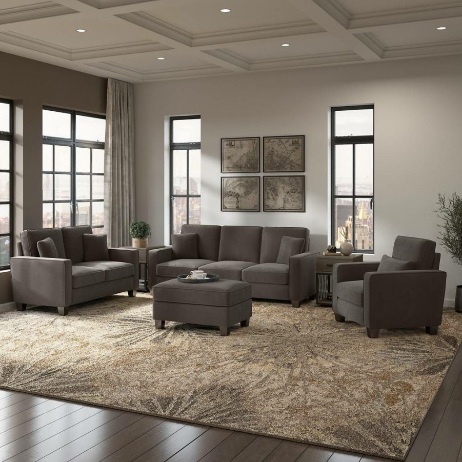 Living & Family Room Furniture * | Hot Sell Stockton 85W Sofa W/ Loveseat, Accent Chair & Ottoman In Chocolate Brown Microsuede Bush Furniture Skt020Cbm