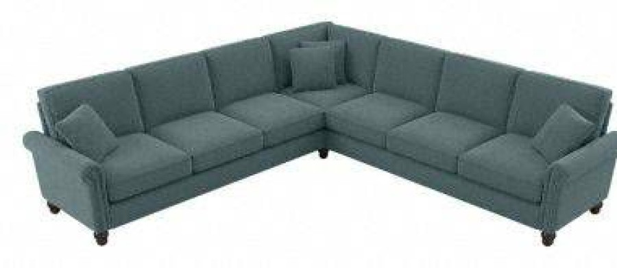 Living & Family Room Furniture * | Clearance Sale Bush Furniture Coventry 111W L Shaped Sectional Couch In Turkish Blue Herringbone Bush Furniture Cvy110Btbh-03K