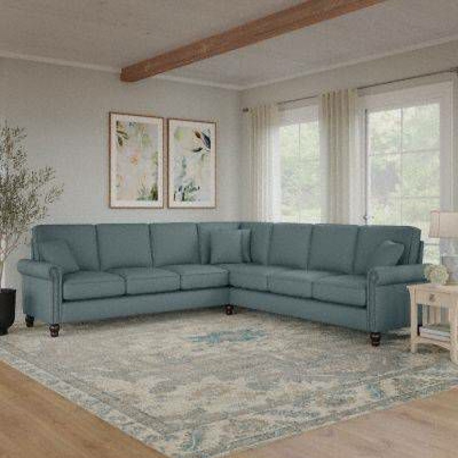 Living & Family Room Furniture * | Clearance Sale Bush Furniture Coventry 111W L Shaped Sectional Couch In Turkish Blue Herringbone Bush Furniture Cvy110Btbh-03K