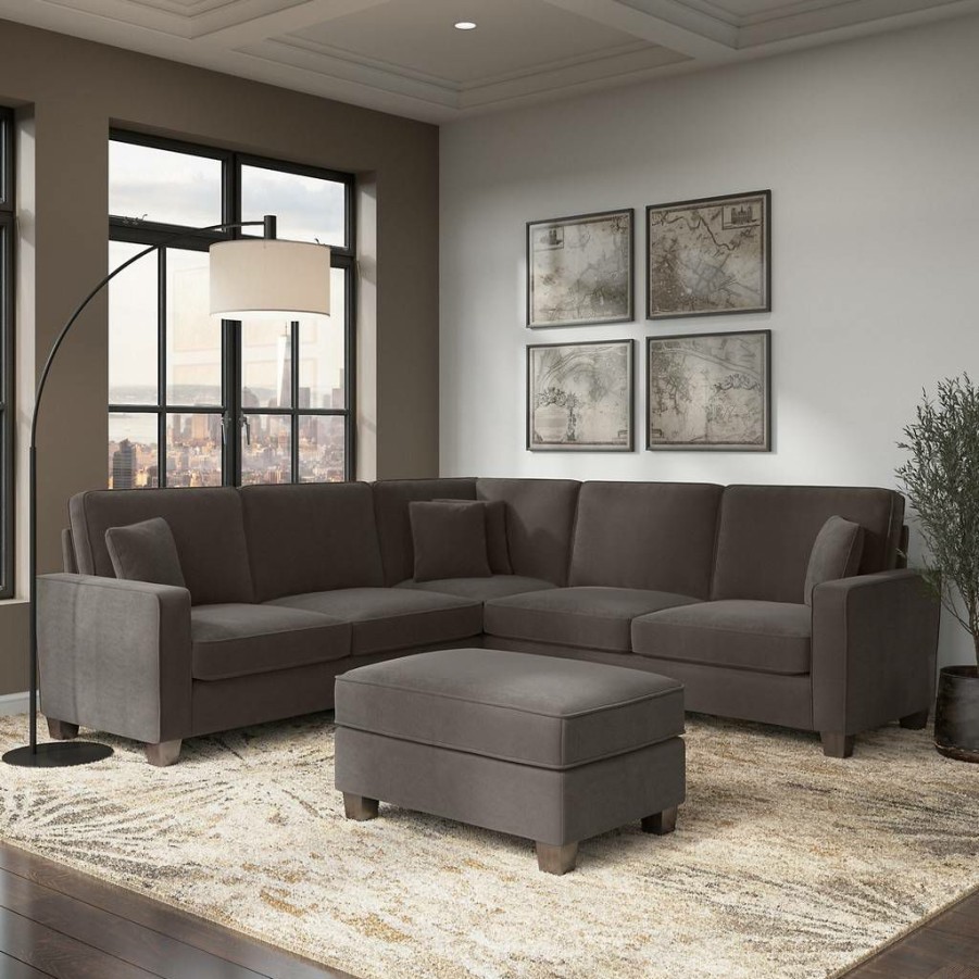 Living & Family Room Furniture * | Crazy Deals Stockton 99W L Shaped Sectional Couch W/ Ottoman In Chocolate Brown Microsuede Bush Furniture Skt003Cbm