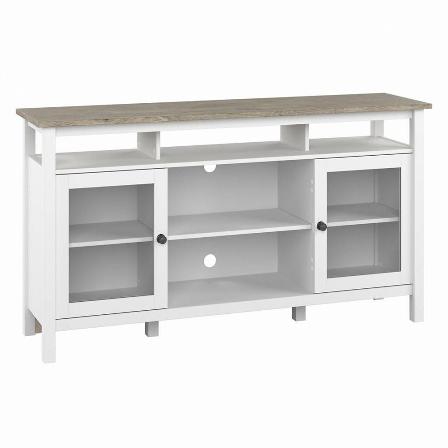 Living & Family Room Furniture * | Featured Bush Furniture Mayfield Tv Stand For 70 Inch Tv In Pure White And Shiplap Gray Bush Furniture Mav160Gw2-03