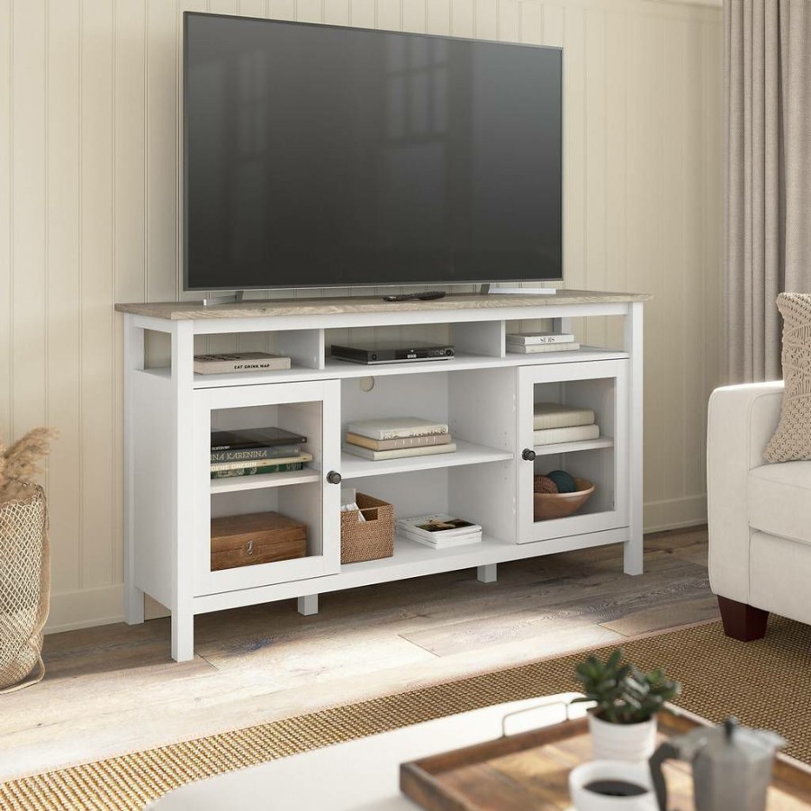 Living & Family Room Furniture * | Featured Bush Furniture Mayfield Tv Stand For 70 Inch Tv In Pure White And Shiplap Gray Bush Furniture Mav160Gw2-03